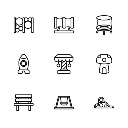 Set line Swing for kids, Mushroom house, Slide playground, Attraction carousel, Jumping trampoline, Playground climbing equipment, Kid slide pipe and Rocket ship toy icon. Vectorのイラスト素材