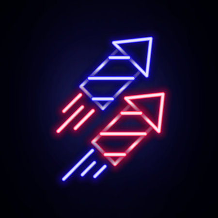 Glowing neon line Firework rocket icon isolated on brick wall background. Concept of fun party. Explosive pyrotechnic symbol. Colorful outline concept. Vectorのイラスト素材