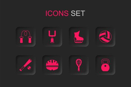 Set Bicycle helmet, American football goal post, Jump rope, Tennis racket, Volleyball, Weight, Skates and Baseball bat with icon. Vectorのイラスト素材