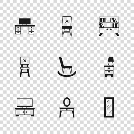 Set Dressing table, Furniture nightstand with lamp, Big full length mirror, Armchair, Library bookshelf, Office desk, Chair and icon. Vectorのイラスト素材