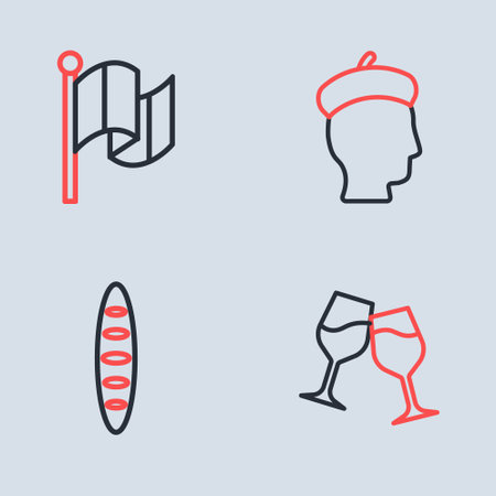 Set line French man, baguette bread, Wine glass and Flag Italy icon. Vectorのイラスト素材