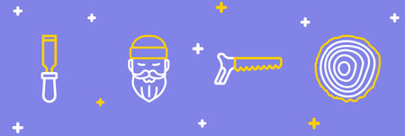 Set line Tree rings, Hand saw, Lumberjack and Chisel tool icon. Vectorのイラスト素材