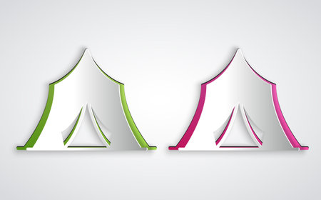 Paper cut Circus tent icon isolated on grey background. Carnival camping tent. Amusement park. Paper art style. Vectorの素材 [FY310211979977]