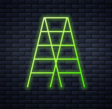 Glowing neon Wooden staircase icon isolated on brick wall background. Vectorのイラスト素材