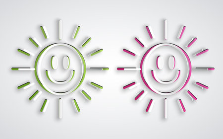 Paper cut Sun icon isolated on grey background. Paper art style. Vectorのイラスト素材