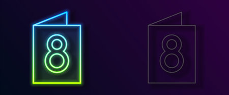 Glowing neon line Greeting card with 8 March icon isolated on black background. International Happy...
