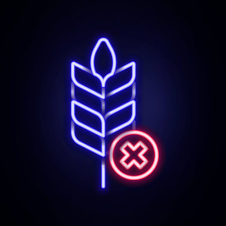 Glowing neon line Gluten free grain icon isolated on brick wall background. No wheat sign. Food intolerance symbols. Colorful outline concept. Vectorのイラスト素材
