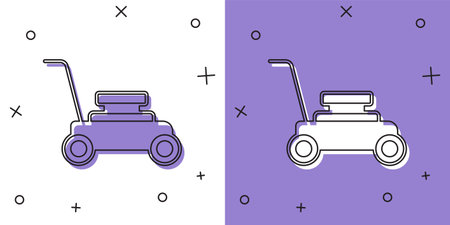Set Lawn mower icon isolated on white and purple background. Lawn mower cutting grass. Vectorのイラスト素材