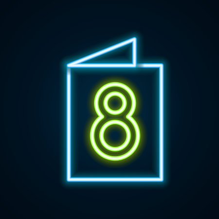 Glowing neon line Greeting card with 8 March icon isolated on black background. International Happy Women Day. Colorful outline concept. Vectorのイラスト素材