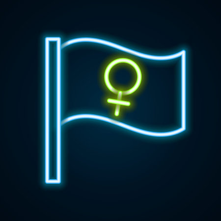 Glowing neon line Female movement, feminist activist with banner and placards icon isolated on black background. Feminist rights movement, feminism sisterhood. Colorful outline concept. Vectorのイラスト素材