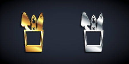 Gold and silver Pencil case stationery icon isolated on black background. Pencil, pen, ruler in a glass for office. Long shadow style. Vectorのイラスト素材