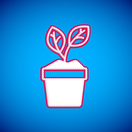 White Plant in pot icon isolated on blue background. Plant growing in a pot. Potted plant sign. Vectorのイラスト素材