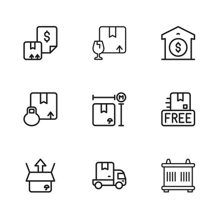 Set line Delivery cargo truck, Cardboard box with free symbol, Container, measurement, Warehouse price, Waybill, Package fragile content and Carton cardboard icon. Vectorのイラスト素材
