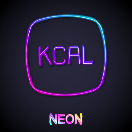 Glowing neon line Kcal icon isolated on isolated on black background. Health food. Vectorのイラスト素材
