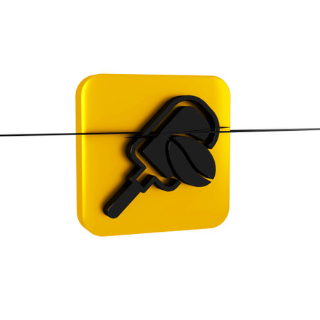 Black Spatula with coffee grain icon isolated on transparent background. Coffee beans. Yellow square button.の写真素材