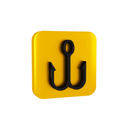 Black Fishing hook icon isolated on transparent background. Fishing tackle. Yellow square button.