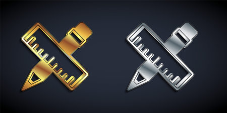 Gold and silver Crossed ruler and pencil icon isolated on black background. Straightedge symbol. Drawing and educational tools. Long shadow style. Vectorのイラスト素材
