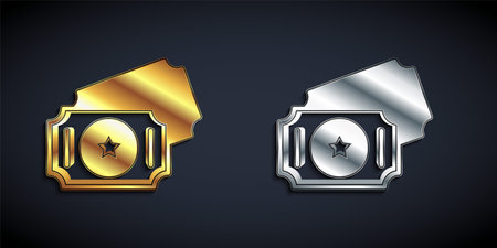 Gold and silver Circus ticket icon isolated on black background. Amusement park. Long shadow style. Vectorのイラスト素材