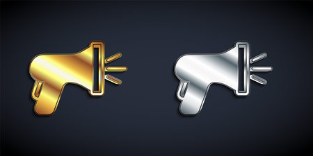 Gold and silver Garden hose icon isolated on black background. Spray gun icon. Watering equipment. Long shadow style. Vectorのイラスト素材