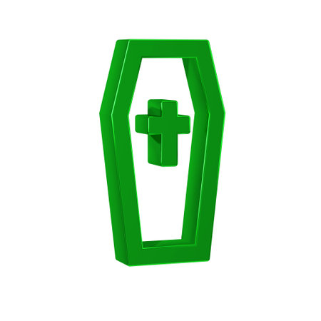 Green Coffin with christian cross icon isolated on transparent background. Happy Halloween party.の写真素材