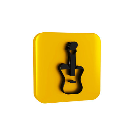 Black Electric bass guitar icon isolated on transparent background. Yellow square button.の写真素材
