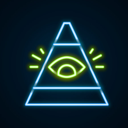 Glowing neon line Masons symbol All-seeing eye of God icon isolated on black background. The eye of Providence in the triangle. Colorful outline concept. Vectorのイラスト素材