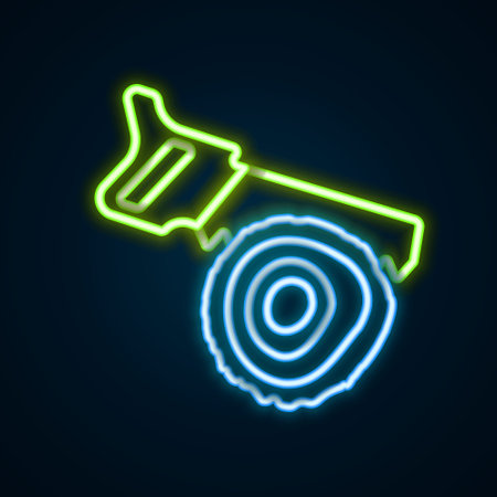 Glowing neon line Hand saw and log icon isolated on black background. Colorful outline concept. Vectorのイラスト素材