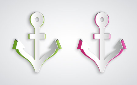 Paper cut Anchor icon isolated on grey background. Paper art style. Vectorのイラスト素材