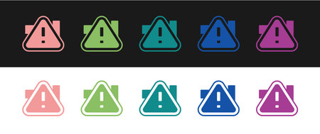 Set Exclamation mark in triangle icon isolated on black and white background. Hazard warning sign, careful, attention, danger warning important. Vectorのイラスト素材