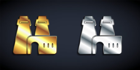 Gold and silver Factory production icon isolated on black background. Industrial building. Long shadow style. Vectorのイラスト素材