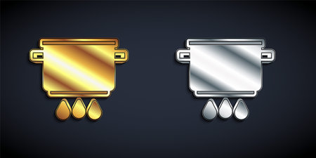Gold and silver Cooking pot on fire icon isolated on black background. Boil or stew food symbol. Long shadow style. Vectorのイラスト素材
