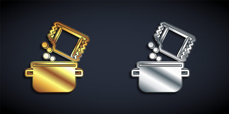 Gold and silver Cooking pot and spice icon isolated on black background. Boil or stew food symbol. Long shadow style. Vectorのイラスト素材