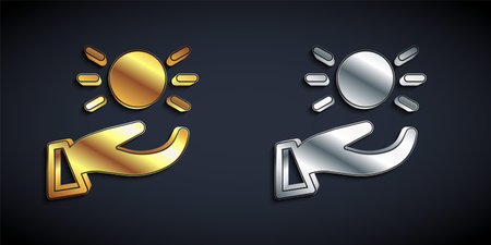 Gold and silver Ball levitating above hand icon isolated on black background. Levitation symbol. Long shadow style. Vectorのイラスト素材