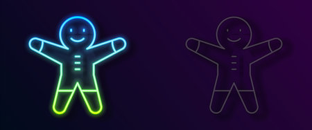 Glowing neon line Holiday gingerbread man cookie icon isolated on black background. Cookie in shape...