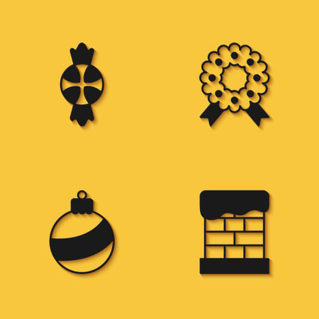 Set Candy, Christmas chimney, ball and wreath icon with long shadow. Vectorのイラスト素材