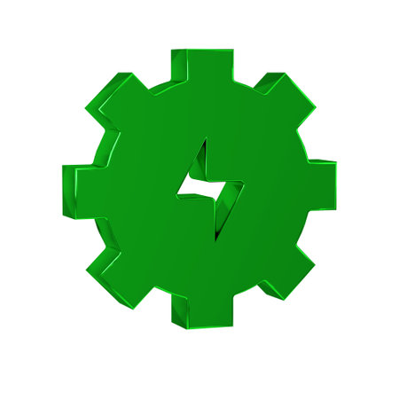 Green Gear and lightning icon isolated on transparent background. Electric power. Lightning bolt sign.の写真素材