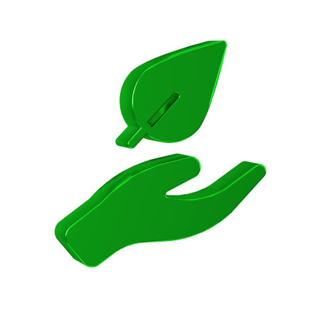 Green Hand hold a leaf of the plant icon isolated on transparent background. Care nature. Leaf shoots with environmental protection.の写真素材