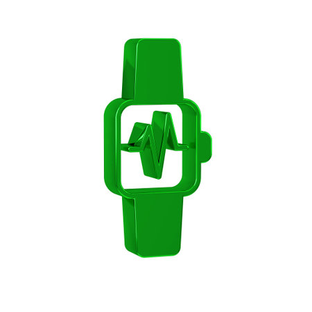 Green Smart watch showing heart beat rate icon isolated on transparent background. Fitness App concept.の写真素材