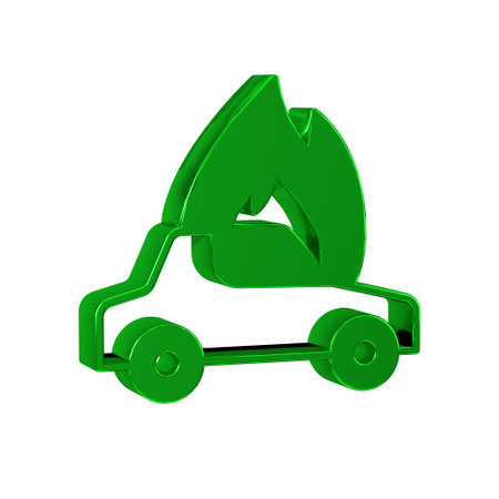 Green Burning car icon isolated on transparent background. Car on fire. Broken auto covered with fire and smoke.の写真素材