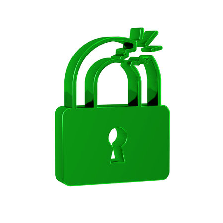 Green Broken or cracked lock icon isolated on transparent background. Unlock sign.の写真素材