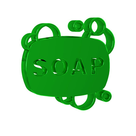 Green Bar of soap icon isolated on transparent background. Soap bar with bubbles.の写真素材