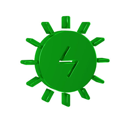 Green Solar energy panel icon isolated on transparent background. Sun with lightning symbol.の写真素材