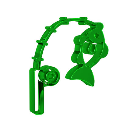 Green Fishing rod and fish icon isolated on transparent background. Fishing equipment and fish farming topics.の写真素材