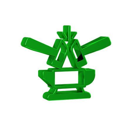 Green Blacksmith anvil tool and hammer icon isolated on transparent background. Metal forging. Forge tool.の写真素材