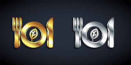 Gold and silver Vegan food diet icon isolated on black background. Organic, bio, eco symbol. Vegan, no meat, lactose free, healthy, fresh and nonviolent food. Long shadow style. Vectorのイラスト素材