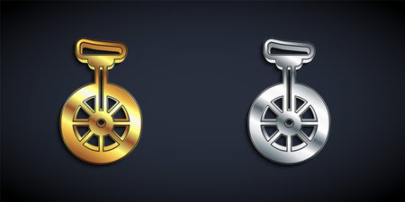 Gold and silver Unicycle or one wheel bicycle icon isolated on black background. Monowheel bicycle. Long shadow style. Vectorのイラスト素材