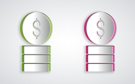 Paper cut Casino chip with dollar symbol icon isolated on grey background. Casino gambling. Paper art style. Vectorのイラスト素材