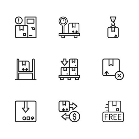 Set line Tax cardboard box, Carton, Cardboard with free symbol, boxes pallet, Crane, Home delivery services, Scale and Warehouse interior icon. Vectorのイラスト素材