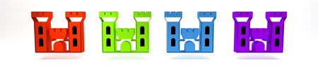 Colorful Castle icon isolated on white background. Medieval fortress with a tower. Protection from enemies. Reliability and defense of the city. Minimalism concept. 3D render illustration.の写真素材