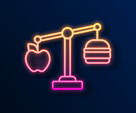 Glowing neon line Calorie calculator icon isolated on isolated on black background. Calorie count. Diet. Weight loss. Portion control. Healthy eating. Dietary nutrition. Vector.のイラスト素材